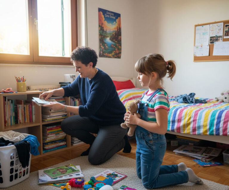 Michela mette in ordine la stanza con i bambini